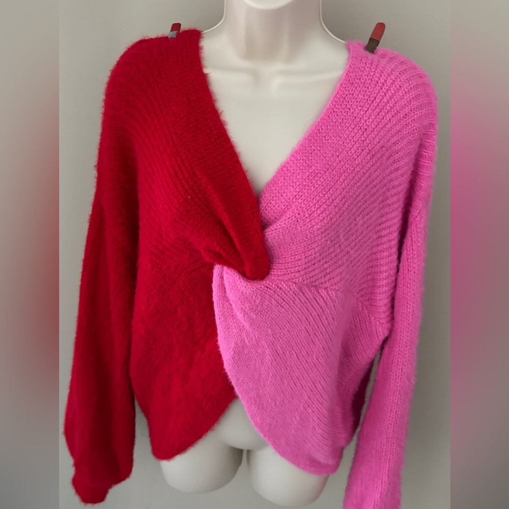 Vibrant Red and Pink V-Neck Sweater